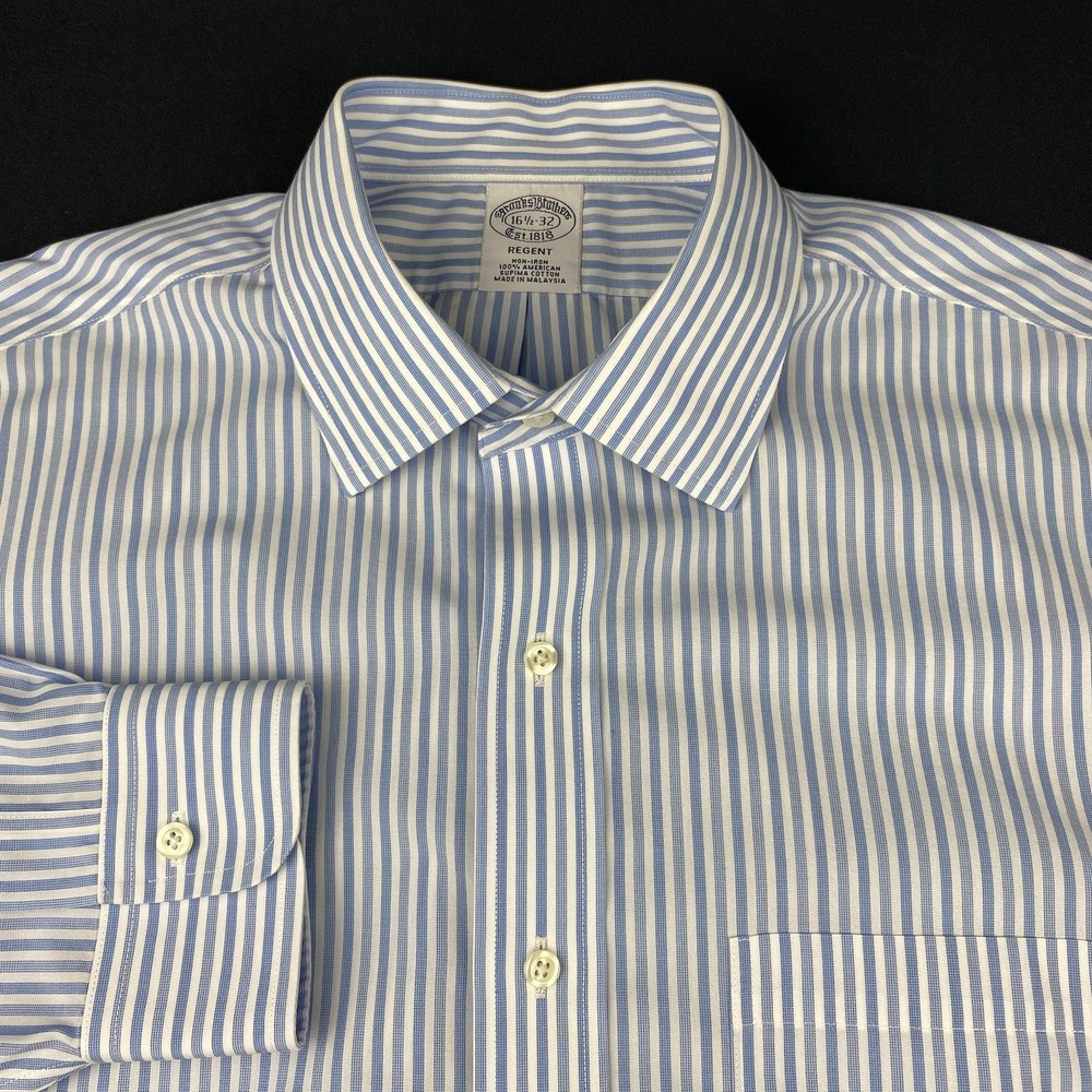 Brooks Brothers Dress Shirt Mens 16.5-32 Blue/White Stripes Regent Fit No Iron